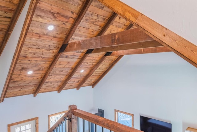 interior details with beamed ceiling, wooden ceiling, and recessed lighting