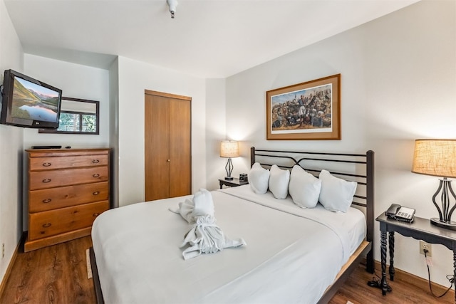 bedroom with dark wood-type flooring and a closet