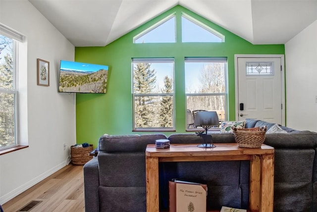 972 N Quarter Horse Rd, Jefferson, CO 80456 - living area with wood finished floors, visible vents, lofted ceiling, and baseboards