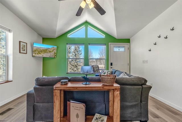 972 N Quarter Horse Rd, Jefferson, CO 80456 - living area with vaulted ceiling, wood finished floors, visible vents, and a wealth of natural light