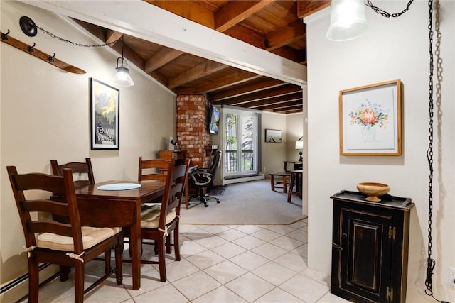 dining room featuring light colored carpet, wooden ceiling, beam ceiling, and a baseboard radiator