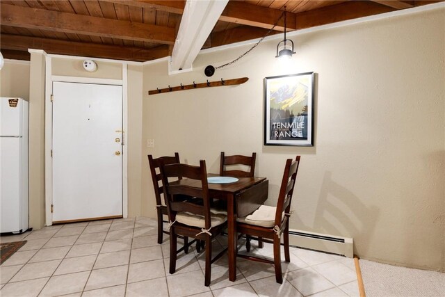 dining area featuring wooden ceiling, a baseboard radiator, beamed ceiling, and light tile patterned floors