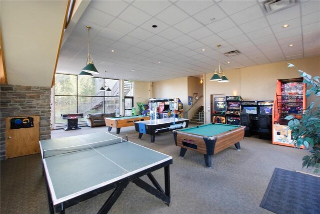 game room with carpet floors, billiards, a drop ceiling, and visible vents