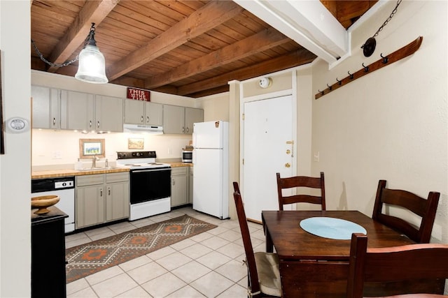 kitchen with beamed ceiling, wooden ceiling, under cabinet range hood, and white appliances