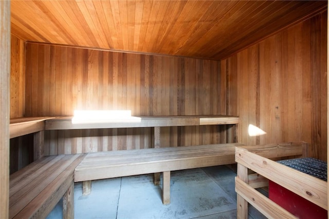 view of sauna featuring concrete flooring