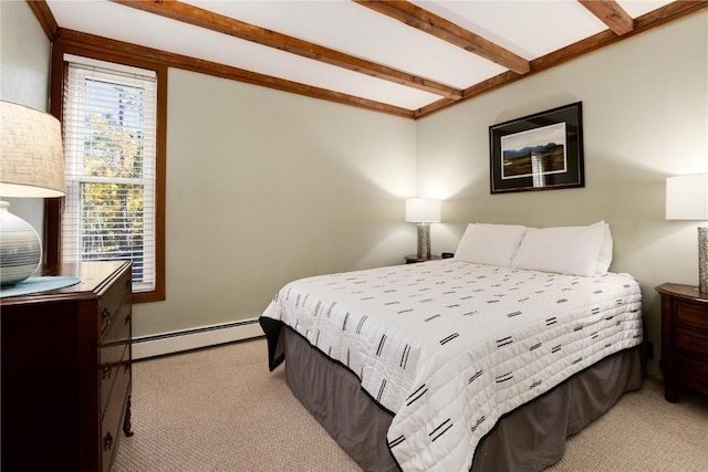 bedroom featuring beamed ceiling, light carpet, and baseboard heating