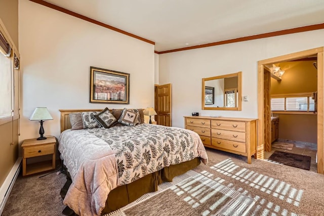 bedroom featuring baseboard heating, baseboards, ornamental molding, and carpet flooring