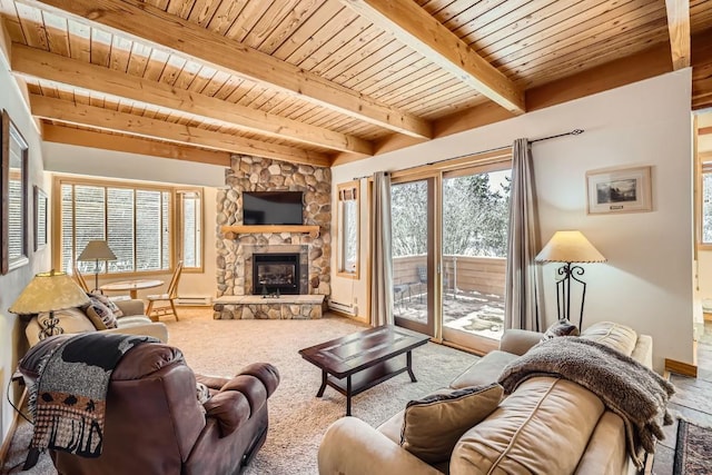 carpeted living area featuring a baseboard heating unit, beam ceiling, wooden ceiling, and a fireplace