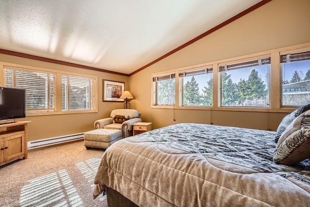 carpeted bedroom with baseboard heating, lofted ceiling, and ornamental molding