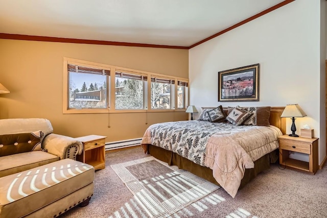 carpeted bedroom with baseboard heating, vaulted ceiling, and ornamental molding