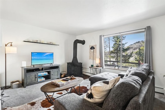 180 Evergreen Rd Unit 102, Dillon, CO 80435 - living area with baseboard heating and a wood stove