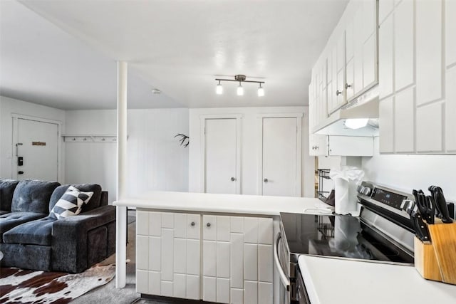 180 Evergreen Rd Unit 102, Dillon, CO 80435 - kitchen with stainless steel electric stove, open floor plan, white cabinetry, a peninsula, and under cabinet range hood