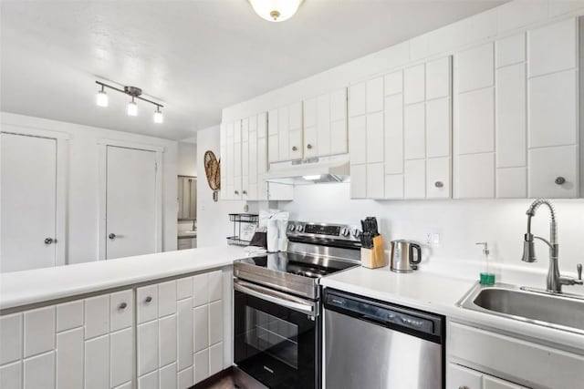 180 Evergreen Rd Unit 102, Dillon, CO 80435 - kitchen with stainless steel appliances, a sink, white cabinetry, light countertops, and under cabinet range hood