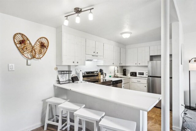 180 Evergreen Rd Unit 102, Dillon, CO 80435 - kitchen featuring a sink, stainless steel appliances, light countertops, a peninsula, and under cabinet range hood