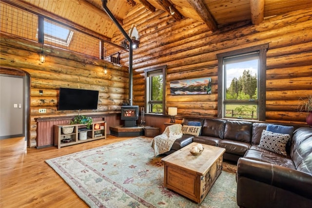 33000 Maricopa Trl, Oak Creek, CO 80467 - living room with a wood ceiling with exposed beams, a wood stove, wood finished floors, rustic walls, and high vaulted ceiling