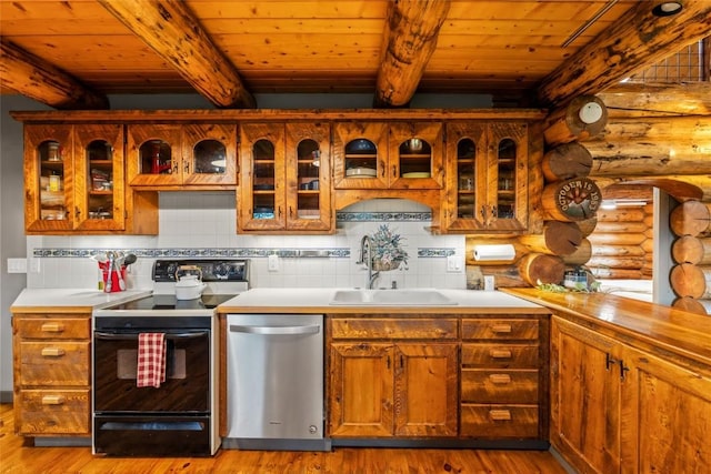 33000 Maricopa Trl, Oak Creek, CO 80467 - kitchen featuring dishwasher, electric range, log walls, a wood ceiling with exposed beams, and wood finished floors