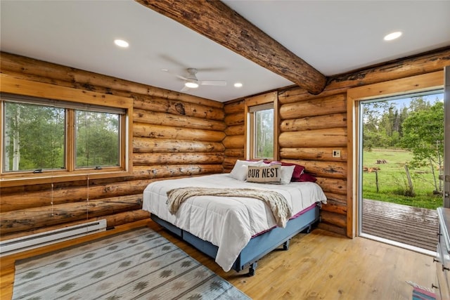 33000 Maricopa Trl, Oak Creek, CO 80467 - bedroom featuring a baseboard heating unit, recessed lighting, access to exterior, light wood-style flooring, and beamed ceiling