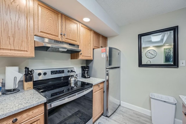 412 S Main St Unit 215, Breckenridge, CO 80424 - kitchen featuring light stone counters, under cabinet range hood, light wood-type flooring, baseboards, and appliances with stainless steel finishes