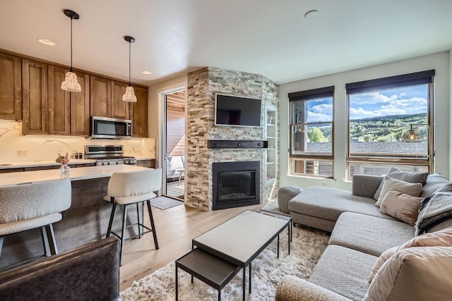 1090 Blue River Pkwy Unit 204, Silverthorne, CO 80498 - living area featuring light wood-type flooring and a fireplace