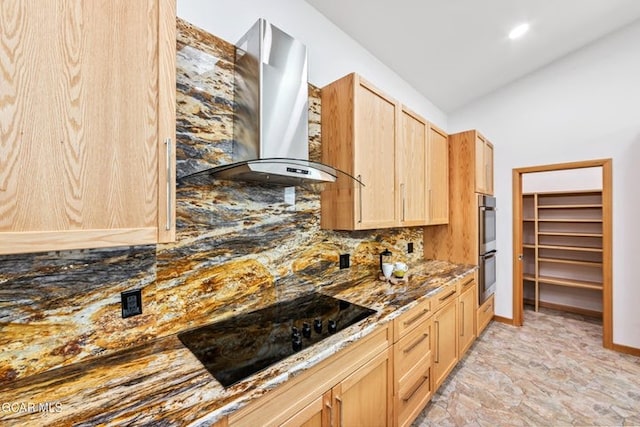 100 Gcr 4104, Granby, CO 80446 - kitchen featuring wall chimney range hood, light brown cabinetry, black electric cooktop, backsplash, and stone countertops