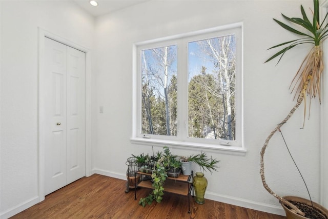 entrance foyer with wood finished floors, baseboards, and recessed lighting