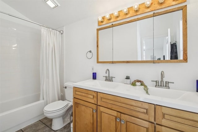 bathroom with tile patterned floors, shower / bathtub combination with curtain, double vanity, toilet, and a sink