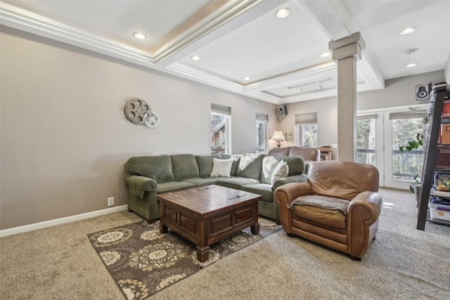 living area with recessed lighting, crown molding, baseboards, decorative columns, and carpet flooring