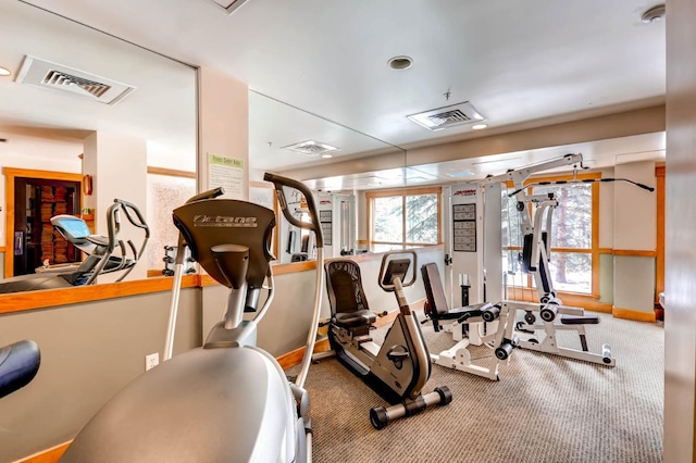 exercise room with carpet floors, visible vents, and baseboards