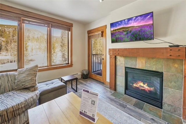 living room featuring a baseboard radiator, wood finished floors, and a tile fireplace