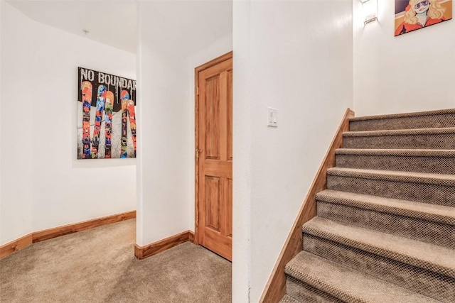 stairway featuring carpet and baseboards
