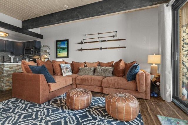 living room with dark wood-style floors and beam ceiling