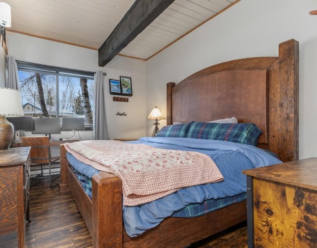 bedroom featuring wooden ceiling, dark wood-type flooring, and beamed ceiling