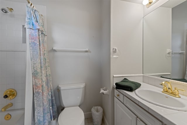 full bathroom featuring toilet, shower / tub combo, and vanity