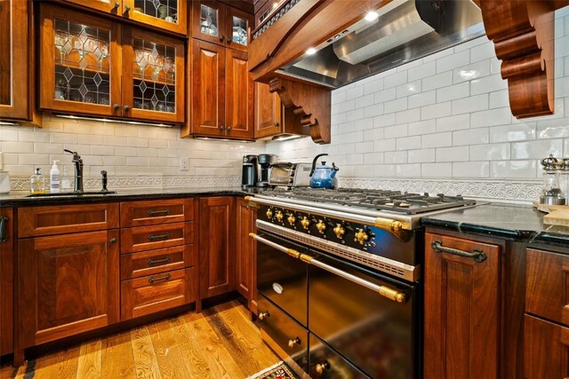 197 Wild Irishman Rd, Keystone, CO 80435 - kitchen featuring high end black range oven, a sink, premium range hood, light wood-type flooring, and tasteful backsplash