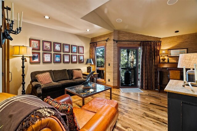 197 Wild Irishman Rd, Keystone, CO 80435 - living room with light wood-type flooring, lofted ceiling, and recessed lighting