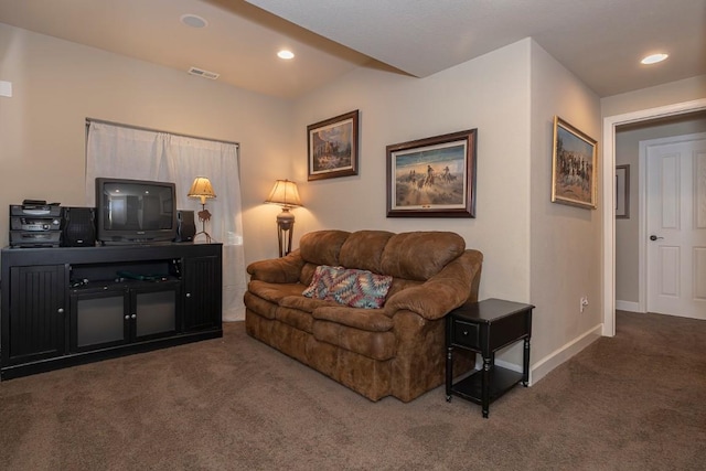 living room featuring recessed lighting, carpet, visible vents, and baseboards