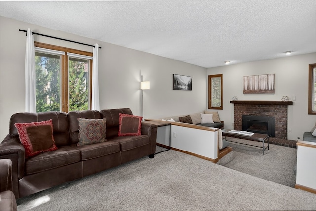 24 Ski Pole Ct, Breckenridge, CO 80424 - living room with carpet floors, a textured ceiling, and a brick fireplace
