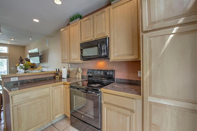 102 Creek Ln Unit 102, Silverthorne, CO 80498 - kitchen featuring black appliances, light brown cabinetry, a peninsula, light tile patterned floors, and recessed lighting