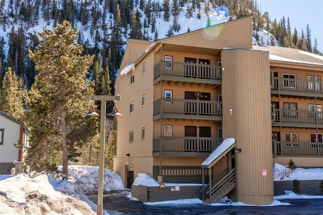 view of snow covered building