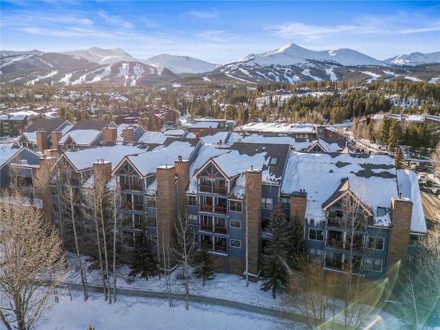 snowy aerial view featuring a mountain view