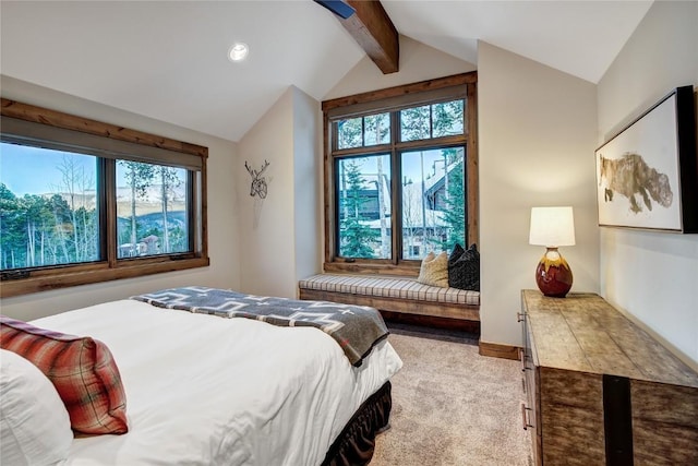 422 Timber Trail Rd, Breckenridge, CO 80424 - bedroom with carpet floors, vaulted ceiling with beams, baseboards, and recessed lighting
