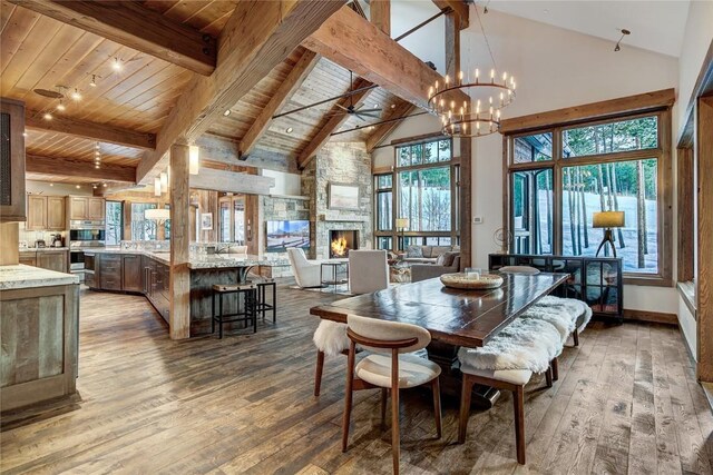 422 Timber Trail Rd, Breckenridge, CO 80424 - dining space featuring high vaulted ceiling, a healthy amount of sunlight, wood ceiling, and hardwood / wood-style flooring
