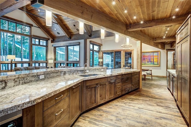 422 Timber Trail Rd, Breckenridge, CO 80424 - kitchen featuring wood ceiling, lofted ceiling with beams, a sink, and light wood-type flooring