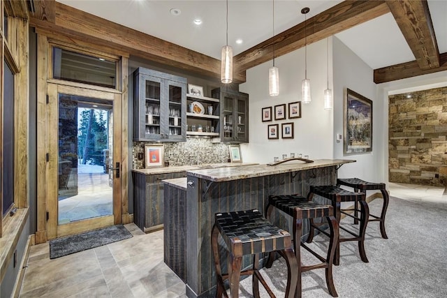 422 Timber Trail Rd, Breckenridge, CO 80424 - bar with indoor wet bar, recessed lighting, decorative light fixtures, backsplash, and beamed ceiling