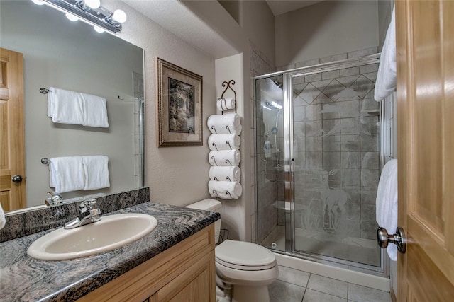 1235 Elk Run Rd, Silverthorne, CO 80498 - bathroom featuring a stall shower, vanity, toilet, and tile patterned floors