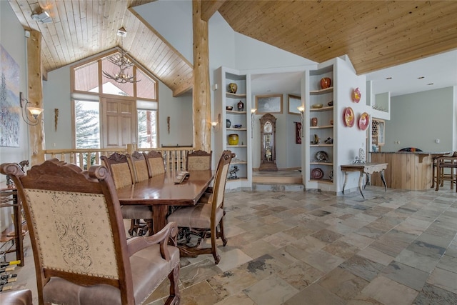 1235 Elk Run Rd, Silverthorne, CO 80498 - dining room featuring wood ceiling, a chandelier, stone tile flooring, high vaulted ceiling, and built in features