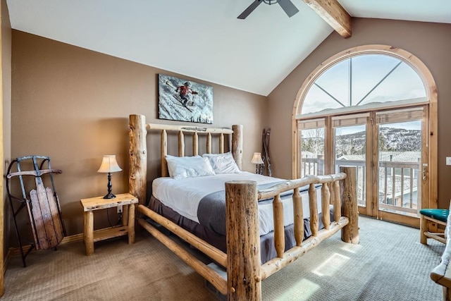 422 Kings Crown Rd Unit 5, Breckenridge, CO 80424 - carpeted bedroom featuring baseboards, vaulted ceiling with beams, a ceiling fan, and access to outside
