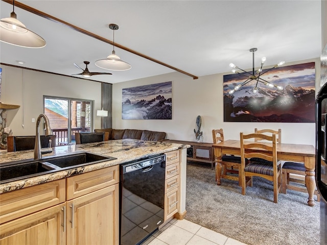 60 Lookout Ridge Dr, Dillon, CO 80435 - kitchen featuring light colored carpet, light brown cabinetry, a sink, light tile patterned floors, and black dishwasher
