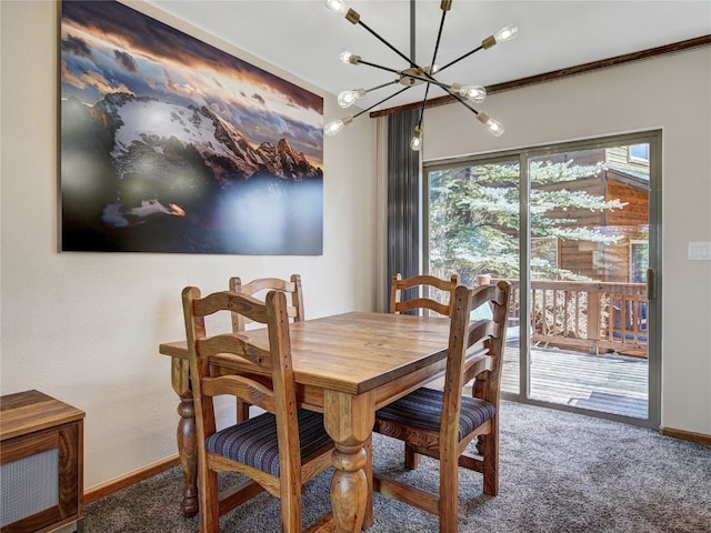 60 Lookout Ridge Dr, Dillon, CO 80435 - dining space featuring carpet floors, baseboards, and a notable chandelier
