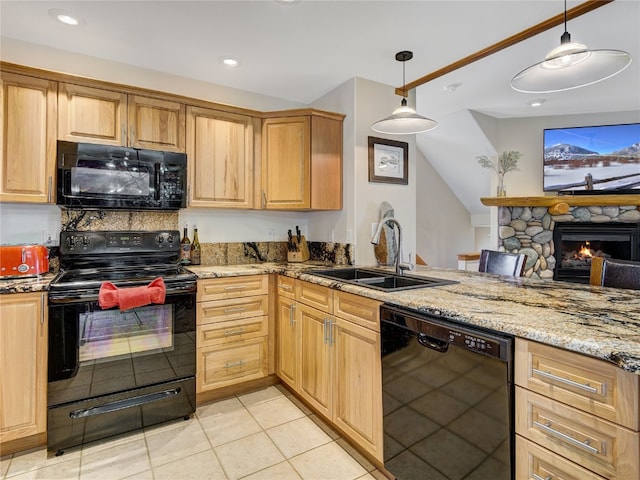 60 Lookout Ridge Dr, Dillon, CO 80435 - kitchen featuring pendant lighting, light stone countertops, a sink, light tile patterned floors, and black appliances